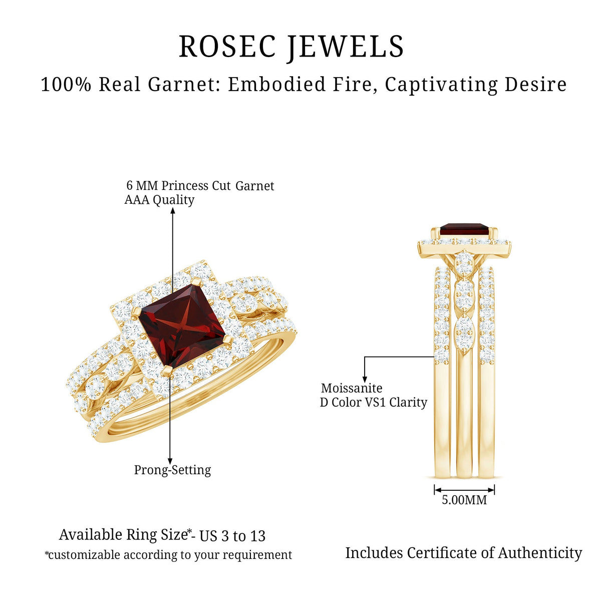 Genuine Princess Cut Garnet 3 Piece Bridal Ring Set with Moissanite Halo
