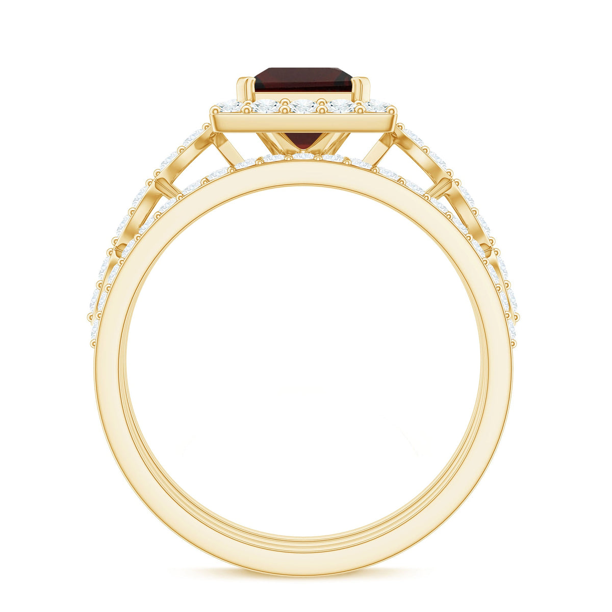 Genuine Princess Cut Garnet 3 Piece Bridal Ring Set with Moissanite Halo