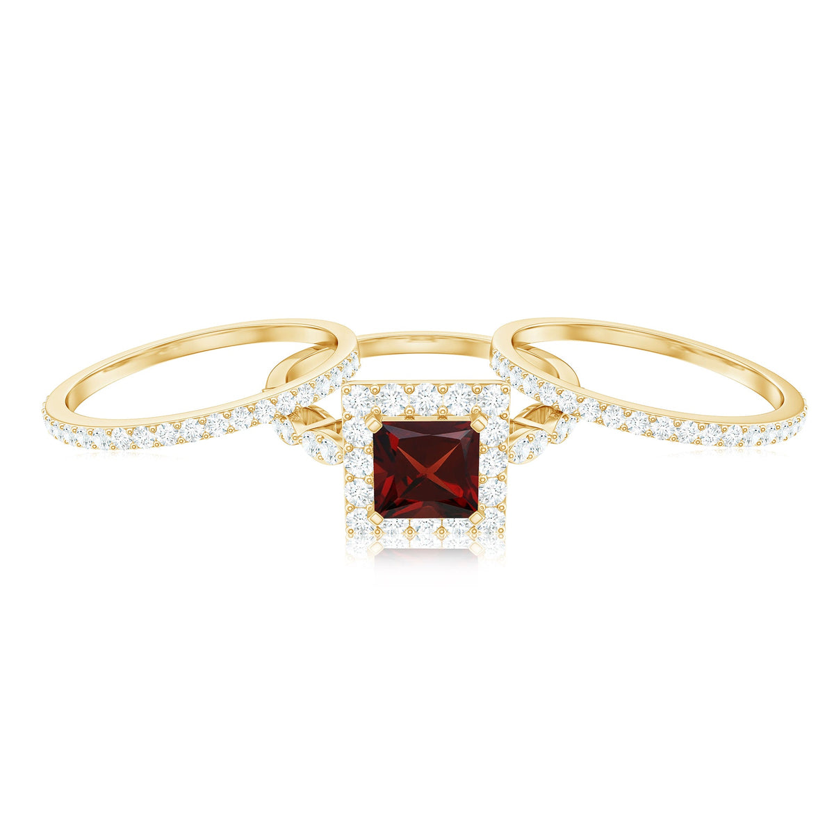 Genuine Princess Cut Garnet 3 Piece Bridal Ring Set with Moissanite Halo