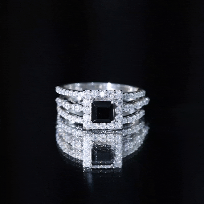 Princess Cut Black Onyx And Moissanite Bridal Trio Wedding Ring Set