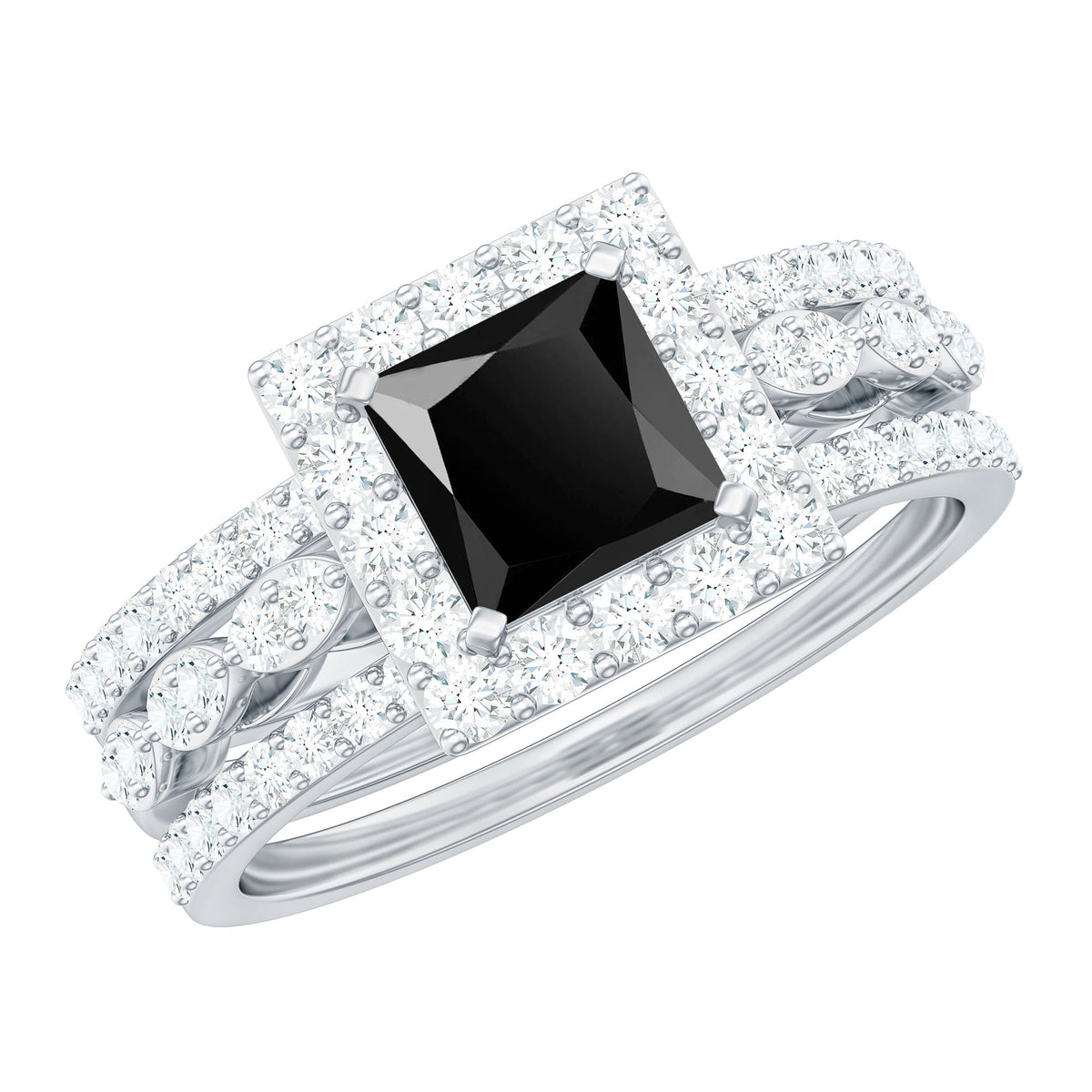 Princess Cut Black Onyx And Moissanite Bridal Trio Wedding Ring Set