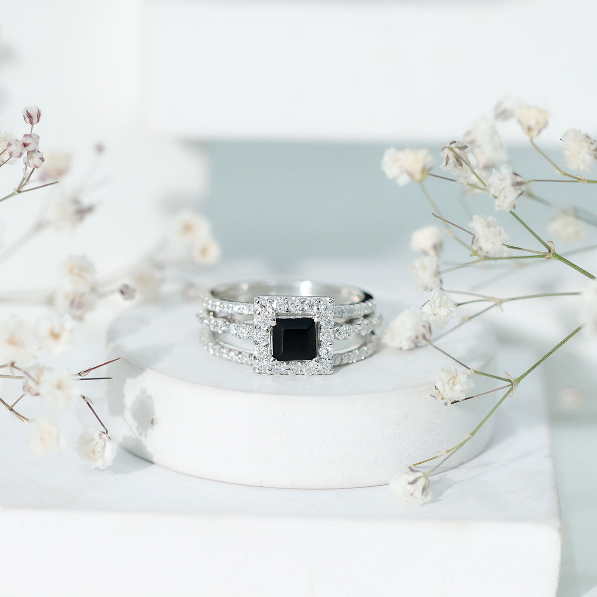 Princess Cut Black Onyx And Moissanite Bridal Trio Wedding Ring Set