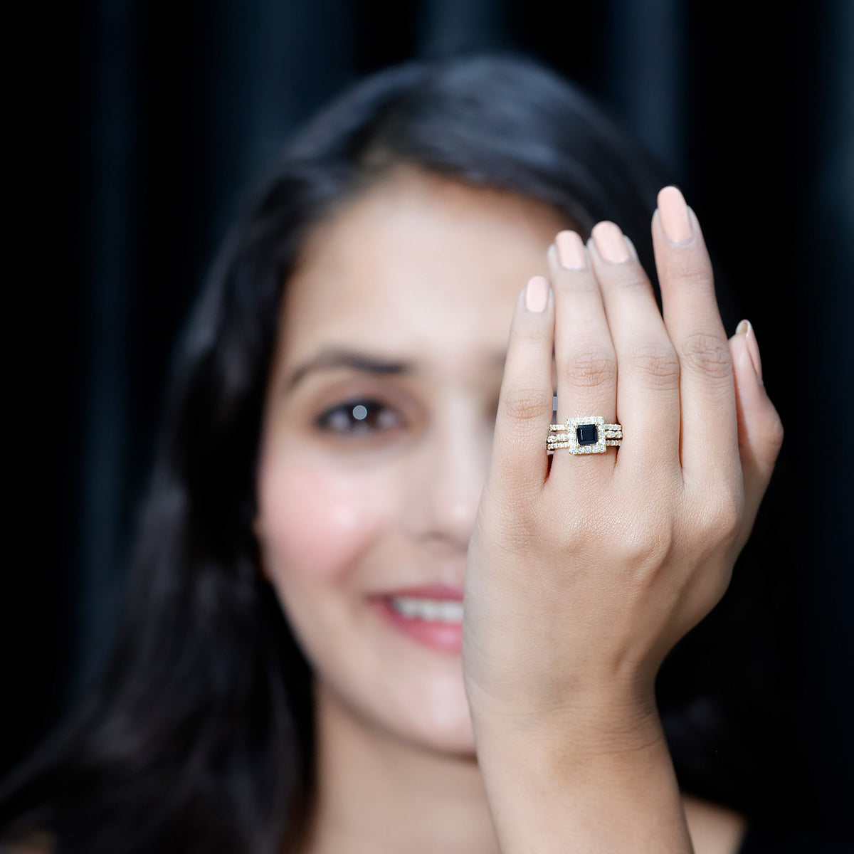 Princess Cut Black Onyx And Moissanite Bridal Trio Wedding Ring Set