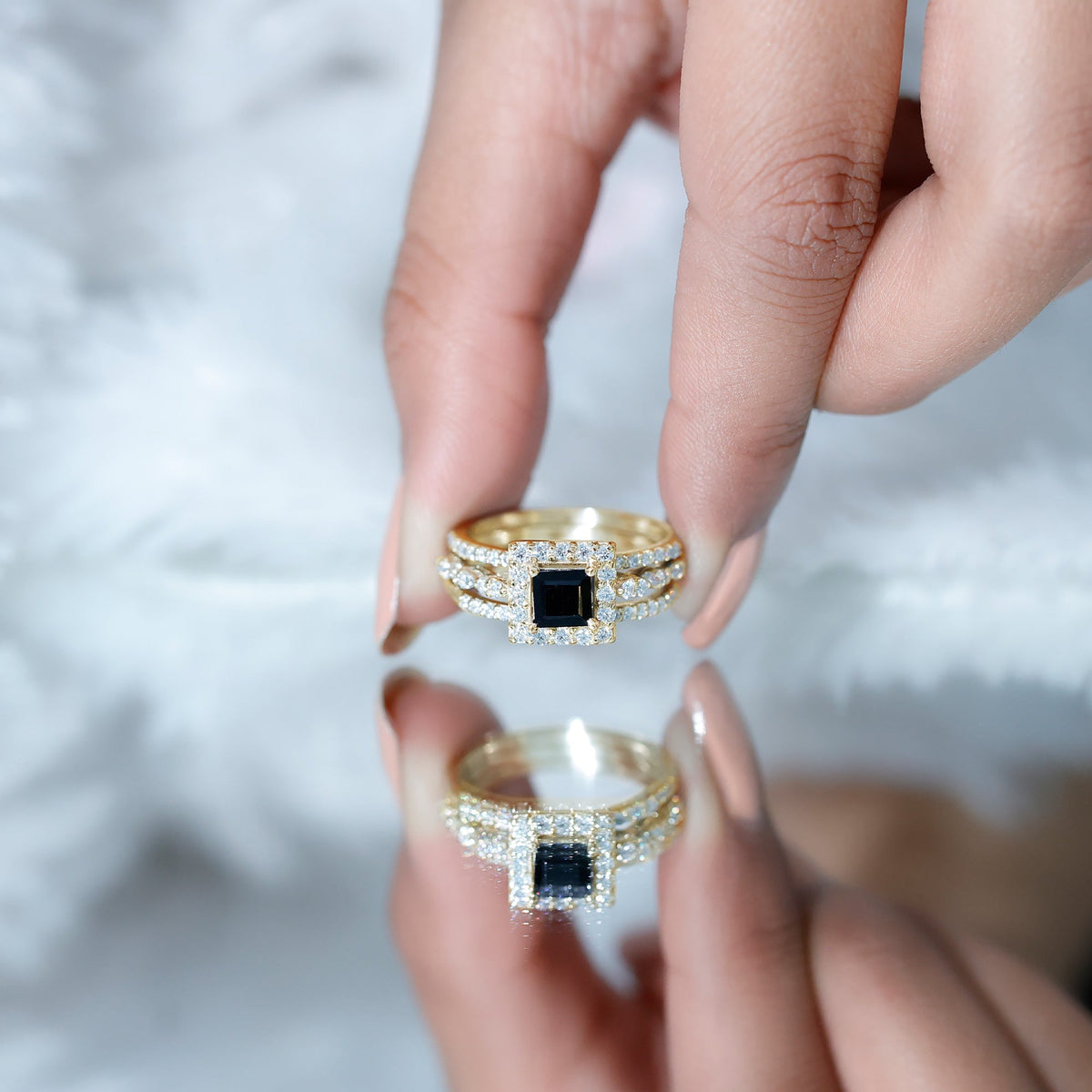 Princess Cut Black Onyx And Moissanite Bridal Trio Wedding Ring Set