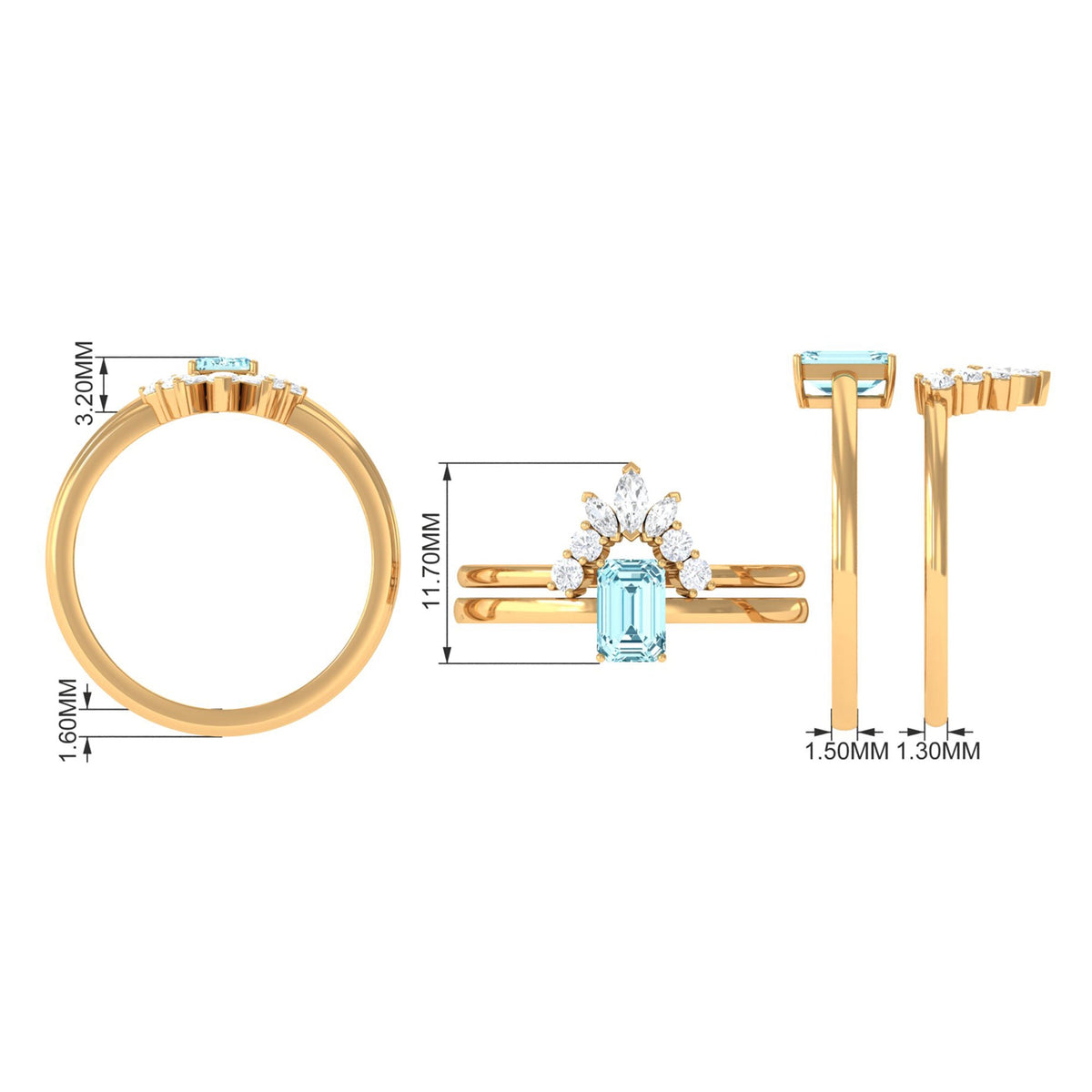 Natural Emerald Cut Aquamarine Engagement Ring with Diamond Wedding Band