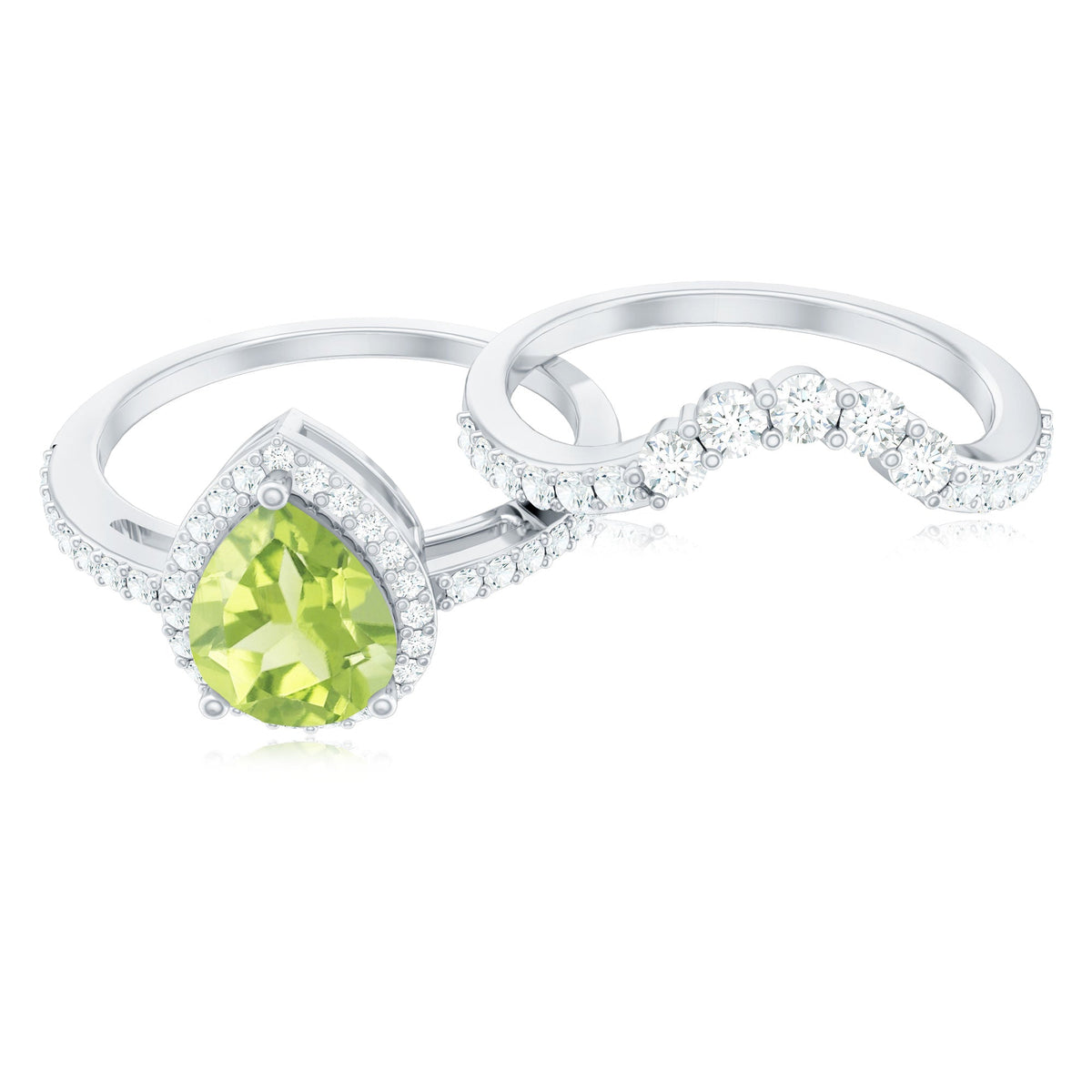Real 1 Carat Peridot Pear Shaped Engagement Ring with Curved Enhancer