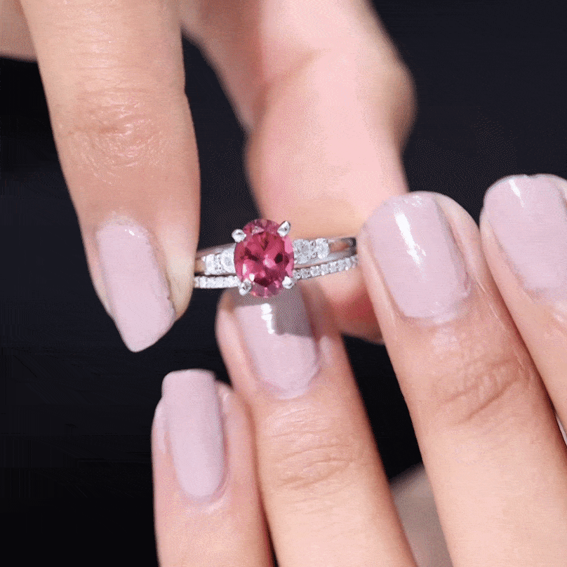 Oval Pink Tourmaline Engagement Ring with Lab Grown Diamond Wedding Band