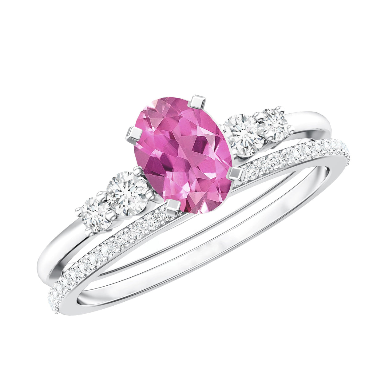 Oval Pink Tourmaline Engagement Ring with Lab Grown Diamond Wedding Band