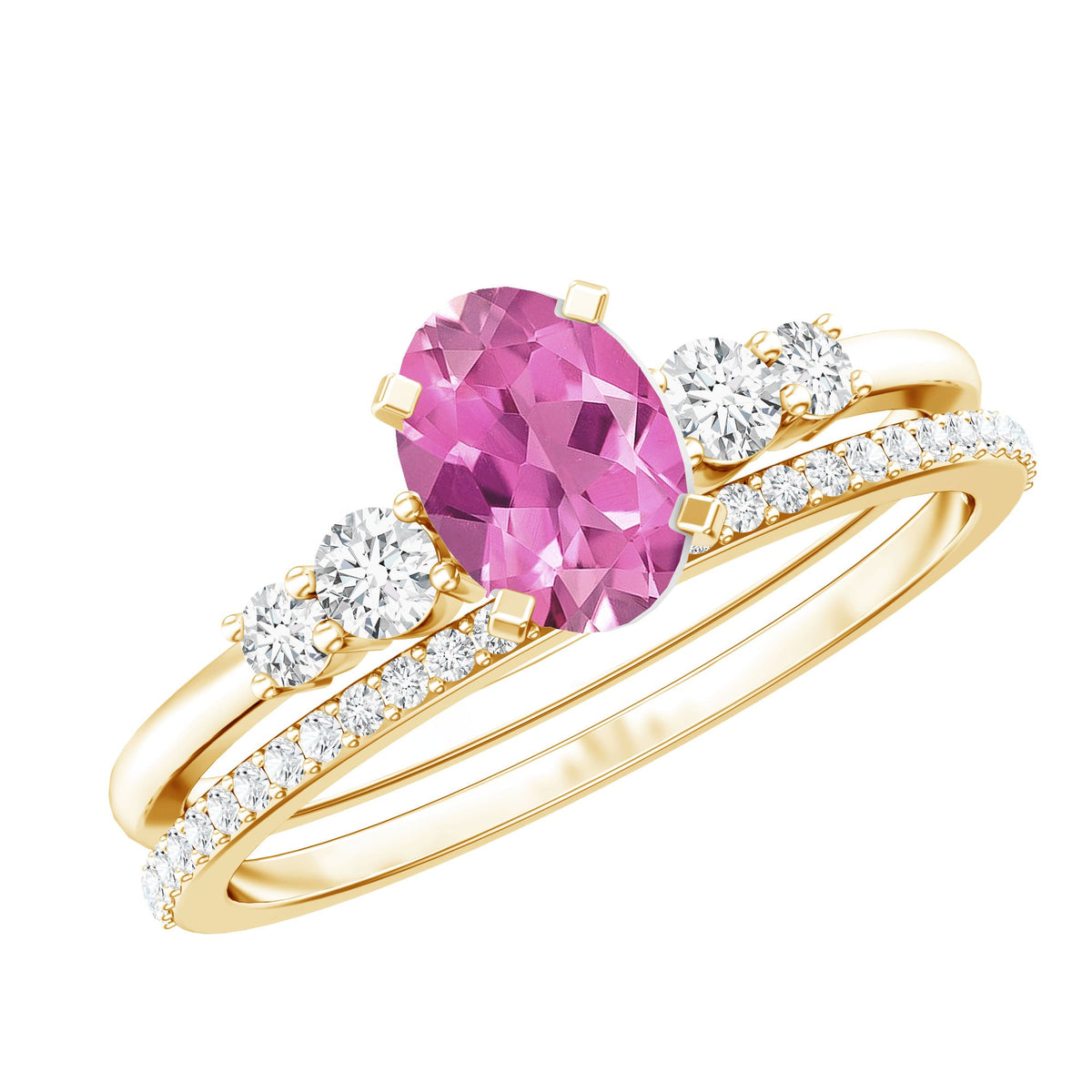 Oval Pink Tourmaline Engagement Ring with Lab Grown Diamond Wedding Band