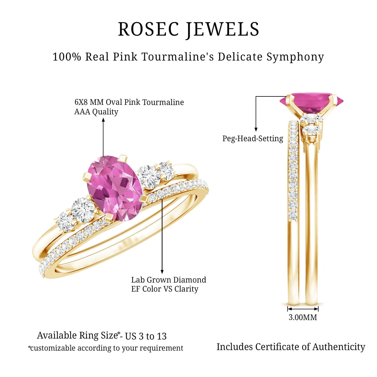 Oval Pink Tourmaline Engagement Ring with Lab Grown Diamond Wedding Band