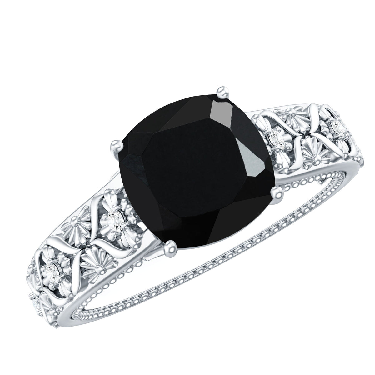 Genuine 2 Carat Black Spinel Vintage Engagement Ring with Diamond