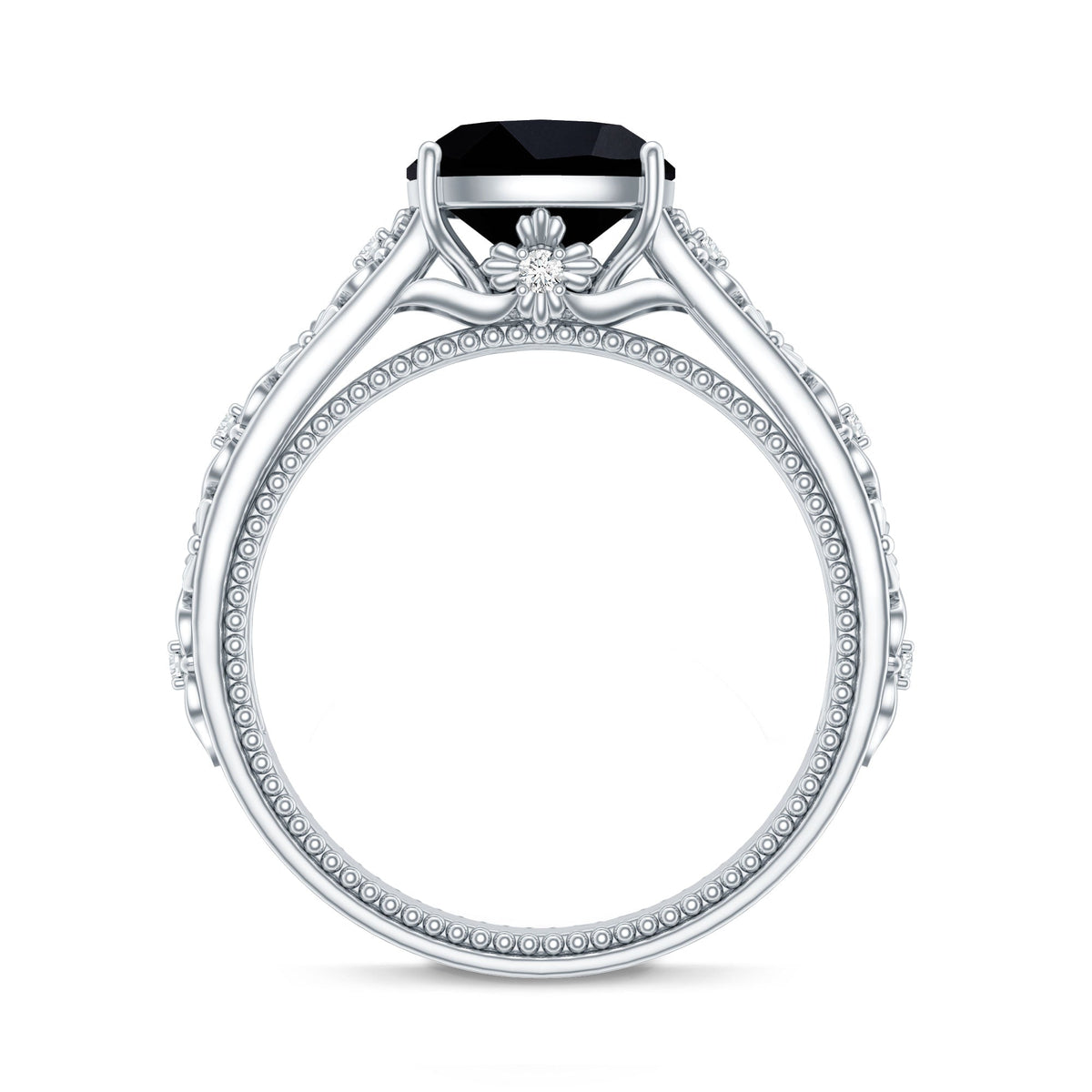 Genuine 2 Carat Black Spinel Vintage Engagement Ring with Diamond