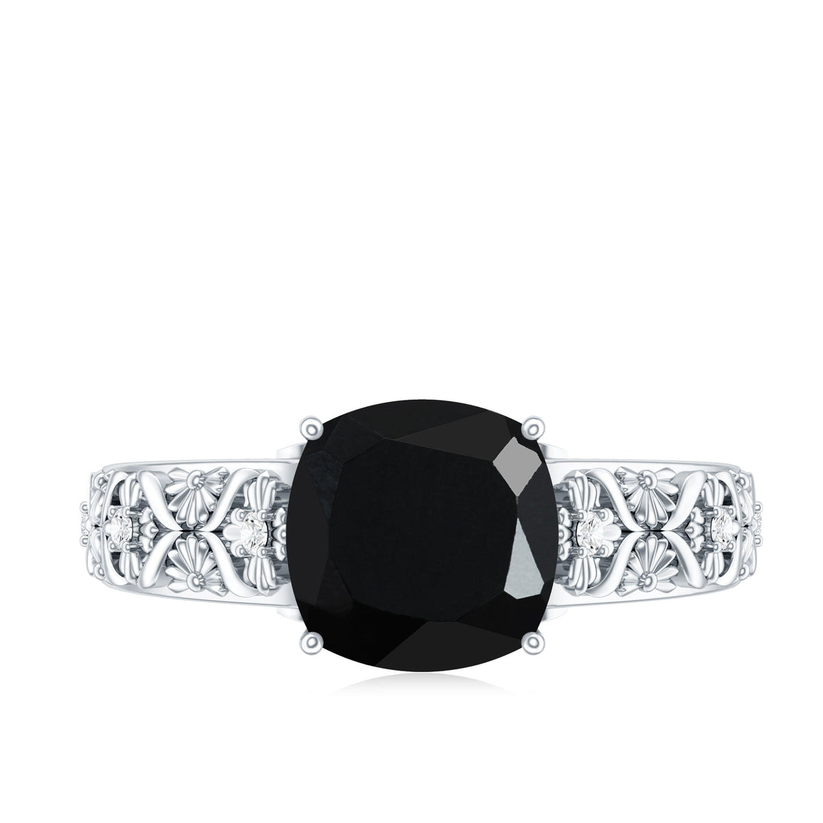 Genuine 2 Carat Black Spinel Vintage Engagement Ring with Diamond