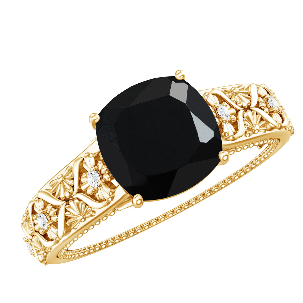 Genuine 2 Carat Black Spinel Vintage Engagement Ring with Diamond