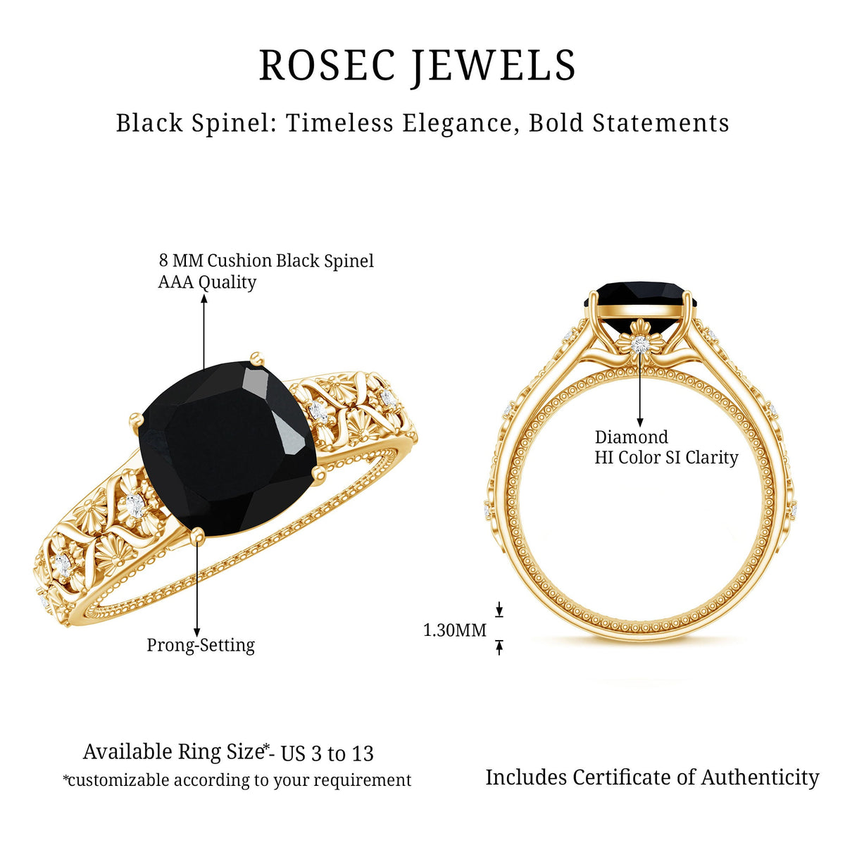 Genuine 2 Carat Black Spinel Vintage Engagement Ring with Diamond