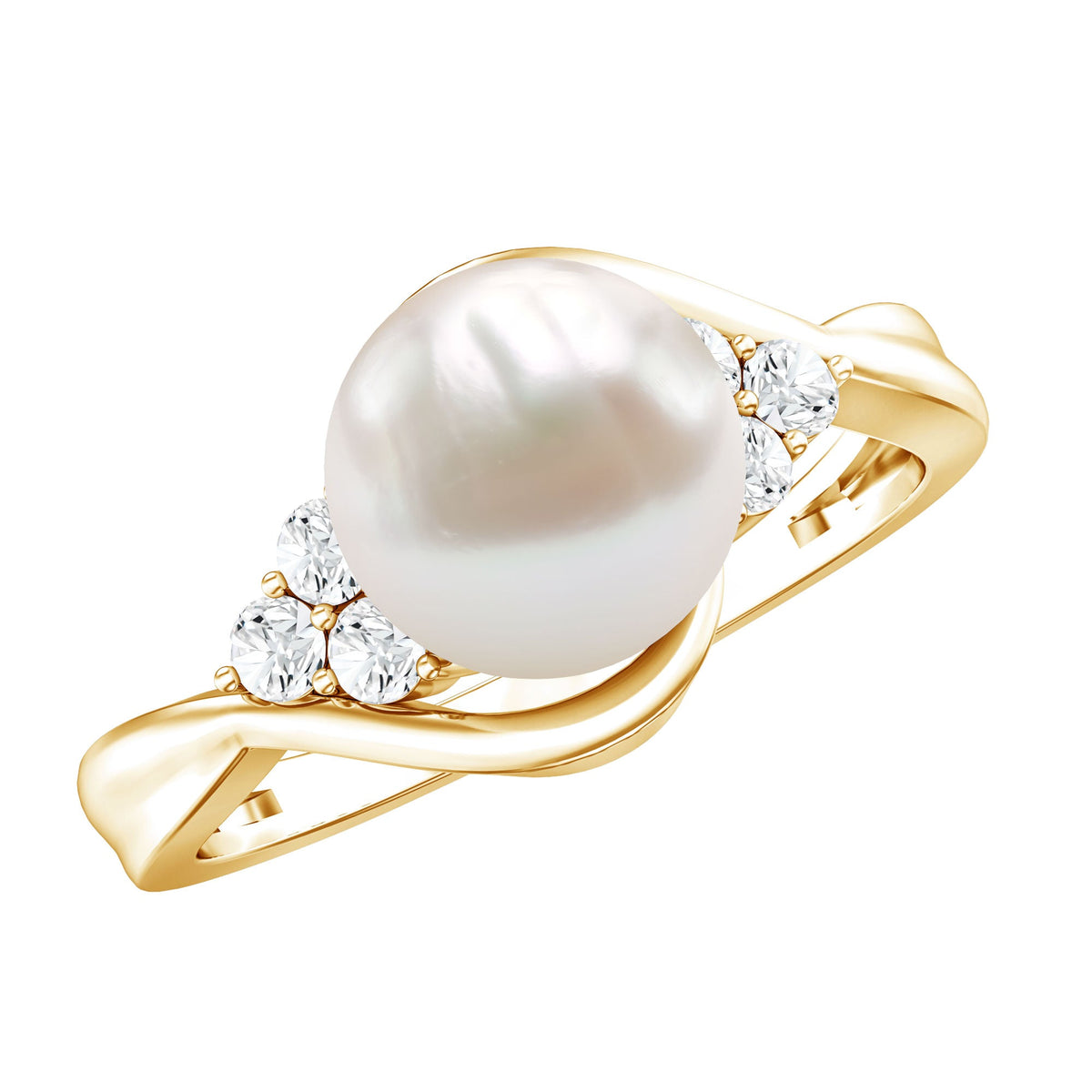 Natural 7.4 Carat Freshwater Pearl Engagement Ring with Diamond Trio