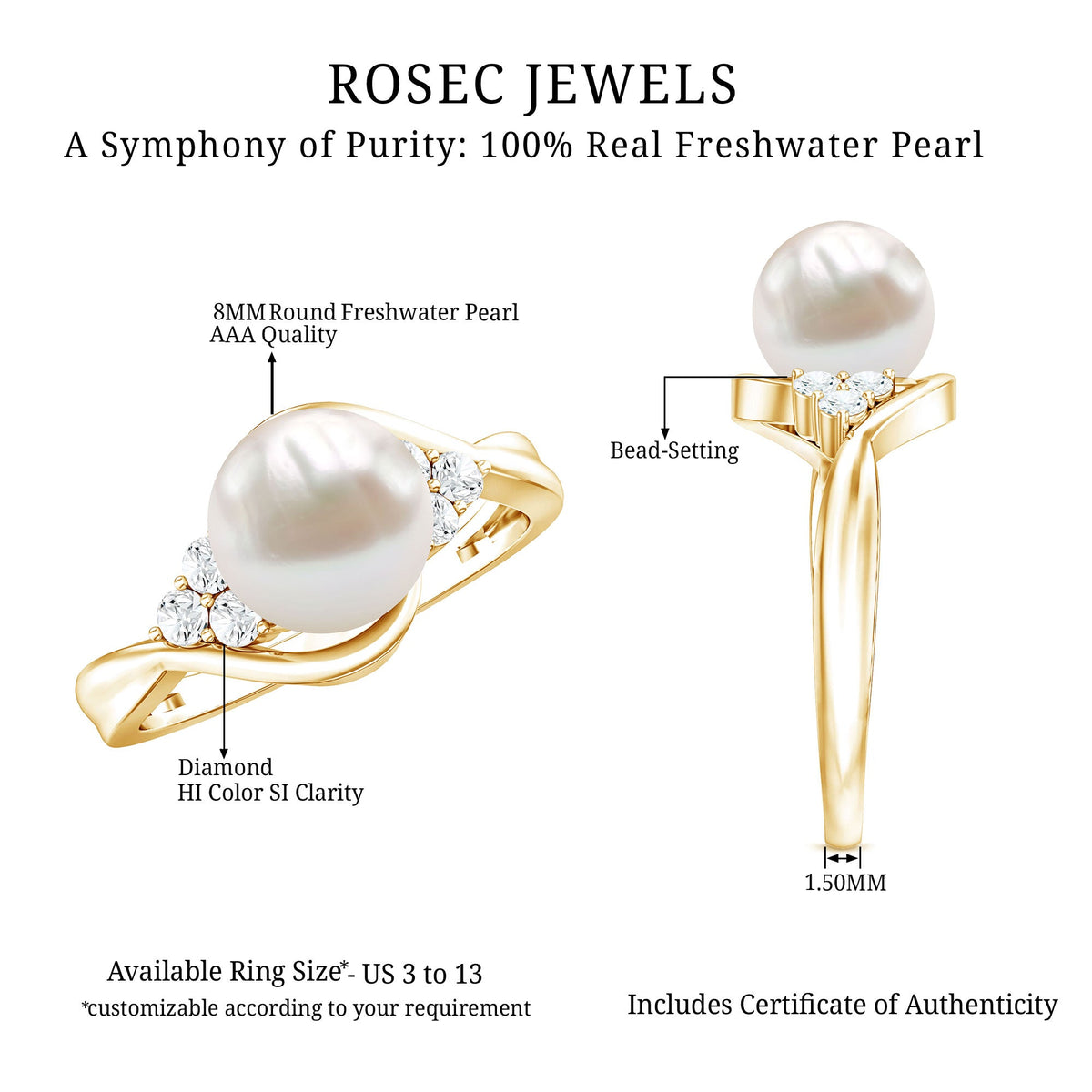 Natural 7.4 Carat Freshwater Pearl Engagement Ring with Diamond Trio