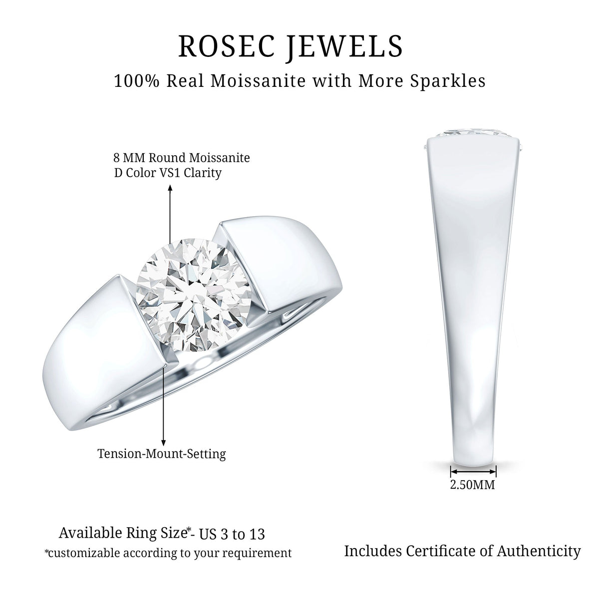 Certified Moissanite Solitaire Engagement Ring for Men