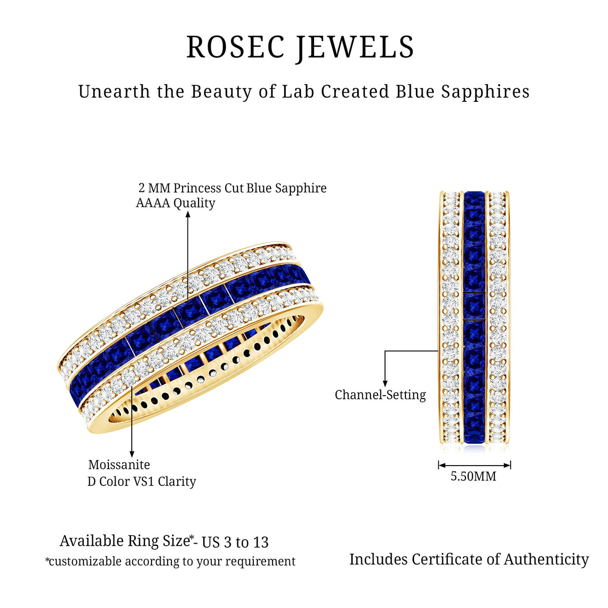 Certified Lab Grown Blue Sapphire 3 Row Wedding Band