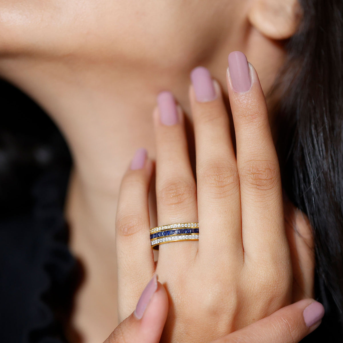 Certified Lab Grown Blue Sapphire 3 Row Wedding Band