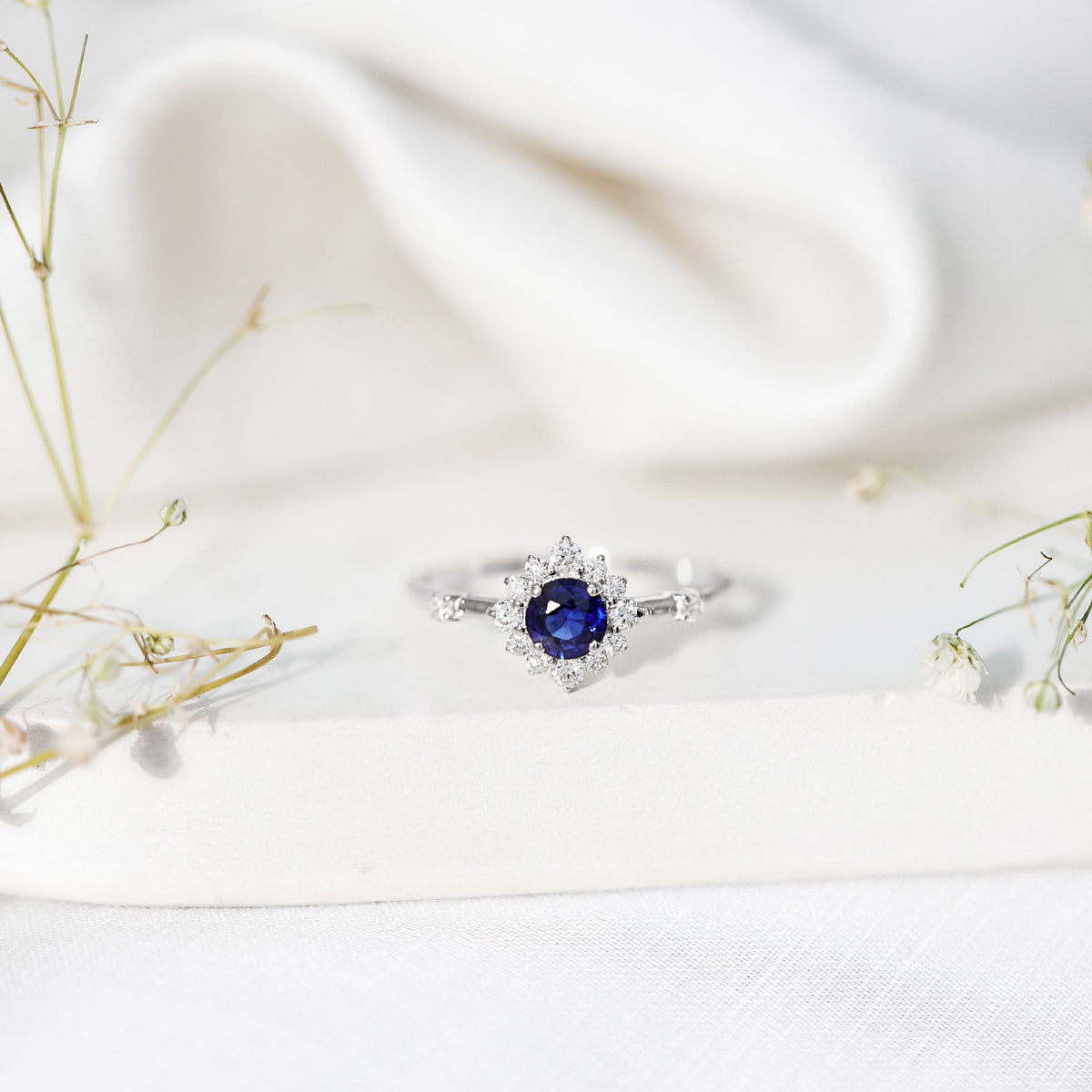 Natural 0.9 Carat Blue Sapphire Engagement Ring with Diamond Halo