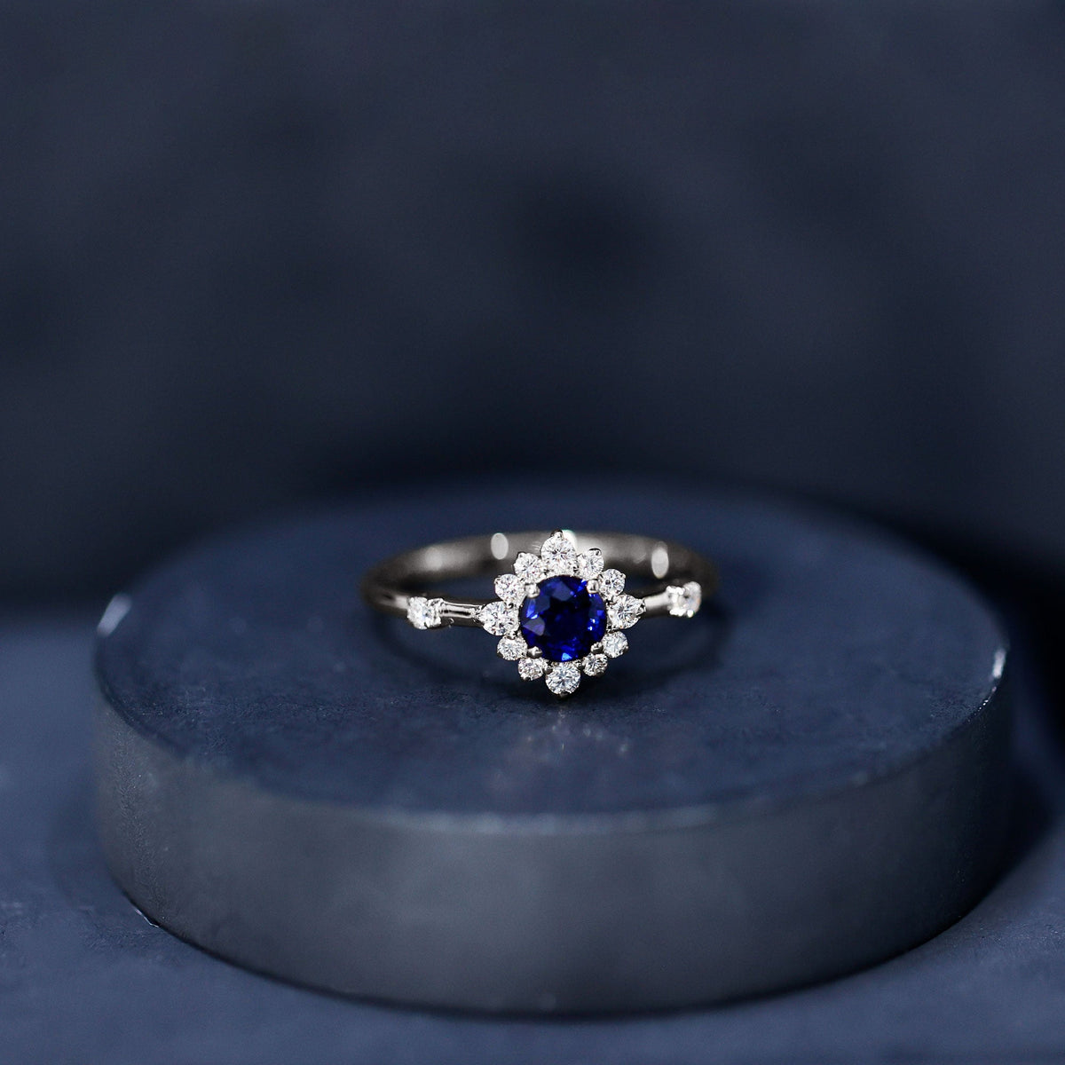 Natural 0.9 Carat Blue Sapphire Engagement Ring with Diamond Halo