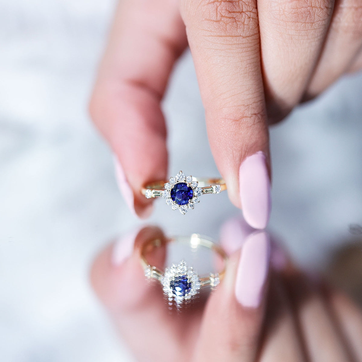 Natural 0.9 Carat Blue Sapphire Engagement Ring with Diamond Halo