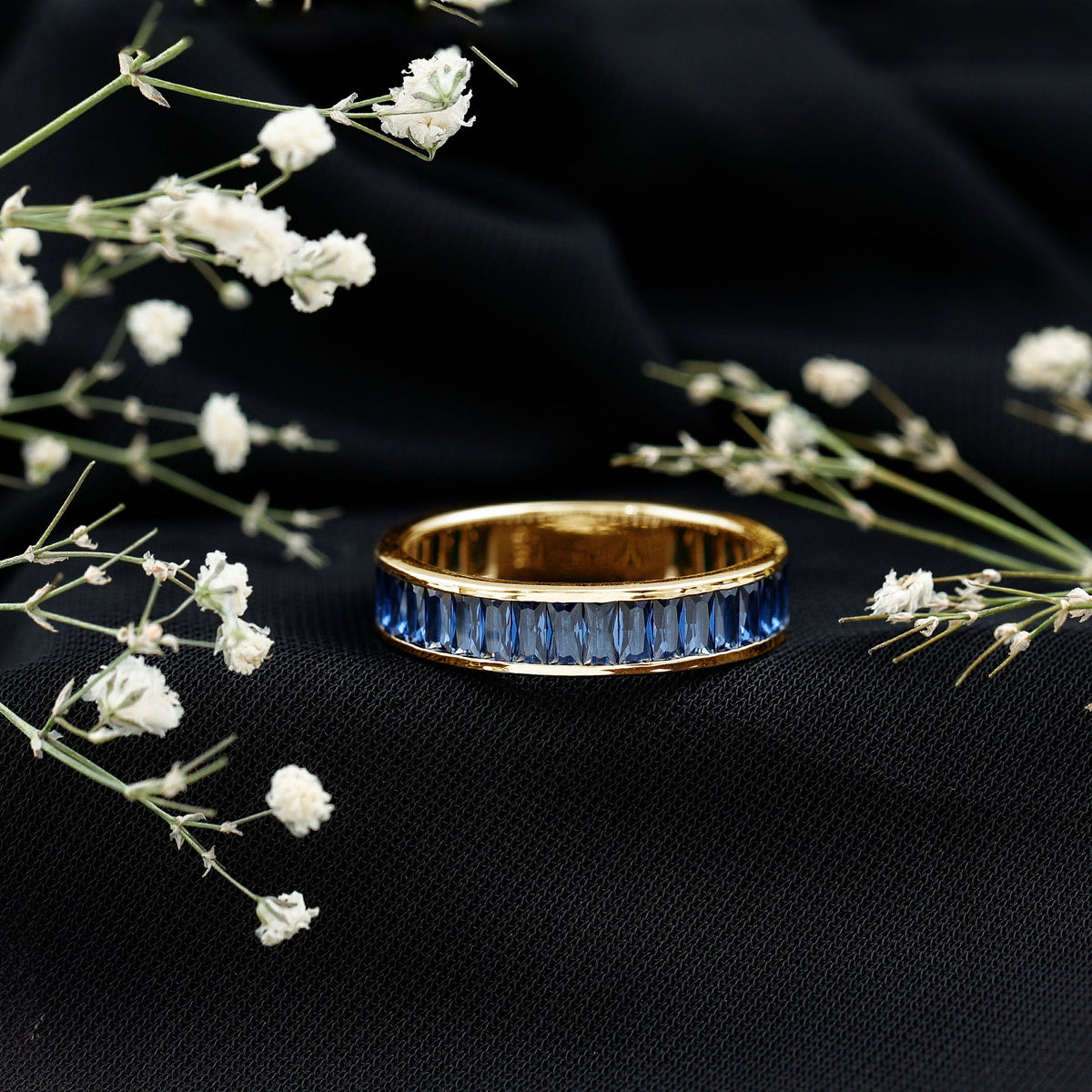Baguette Shape Lab Created Blue Sapphire Channel Set Eternity Band
