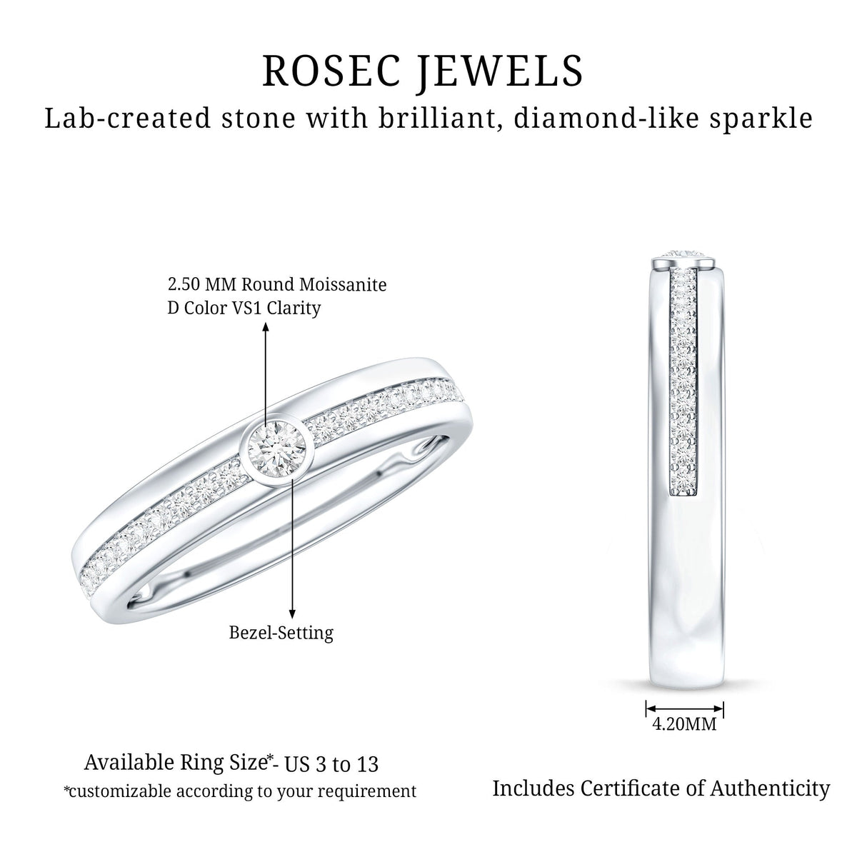 Bezel Set Moissanite Unisex Wedding Band Ring