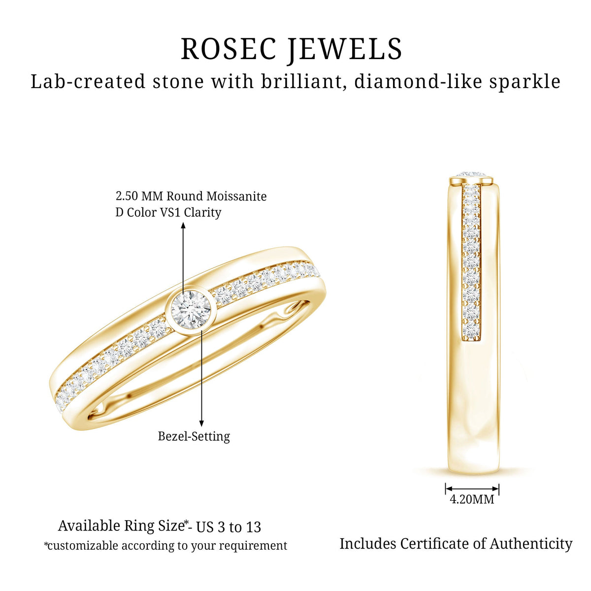 Bezel Set Moissanite Unisex Wedding Band Ring