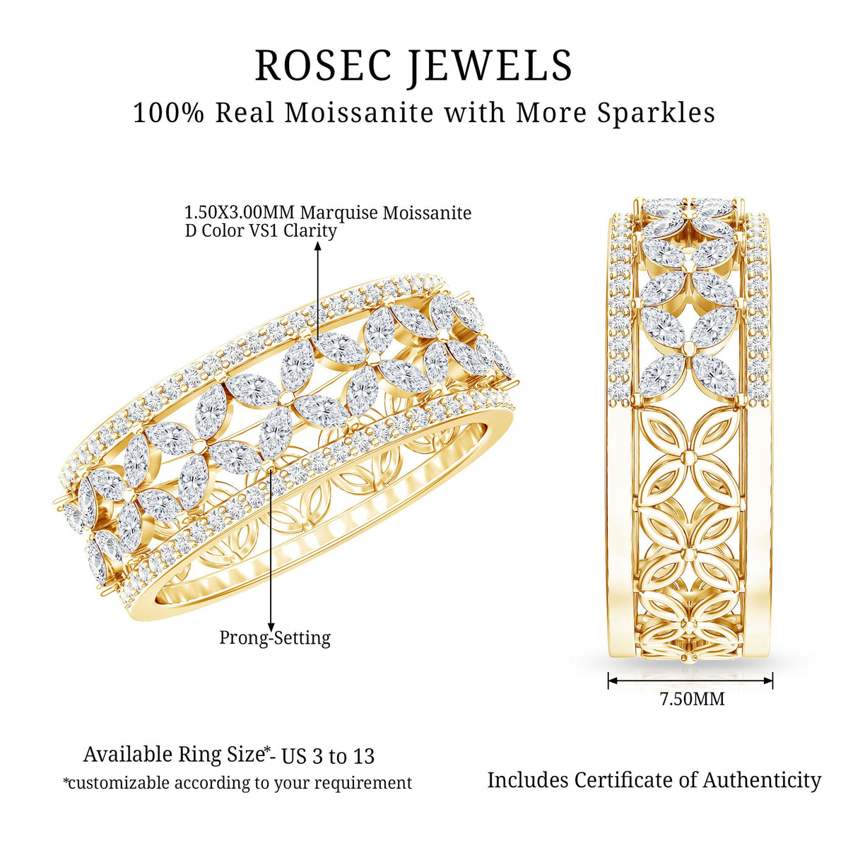 Certified Moissanite Flower Wedding Band for Women