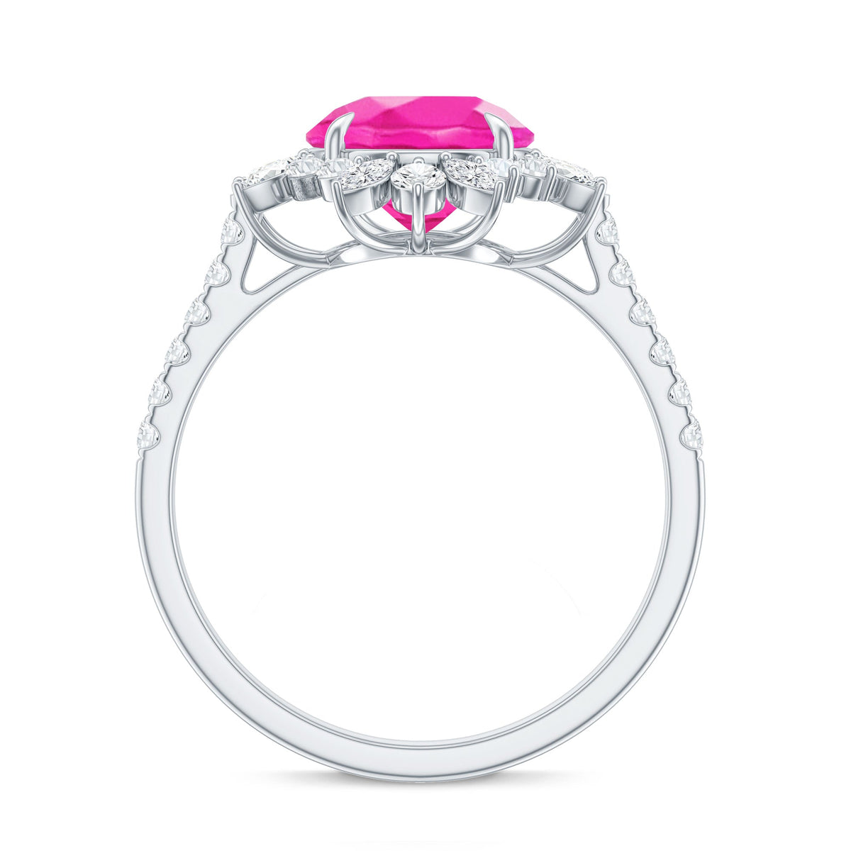 Created Pink Sapphire Cocktail Ring with Moissanite Floral Halo