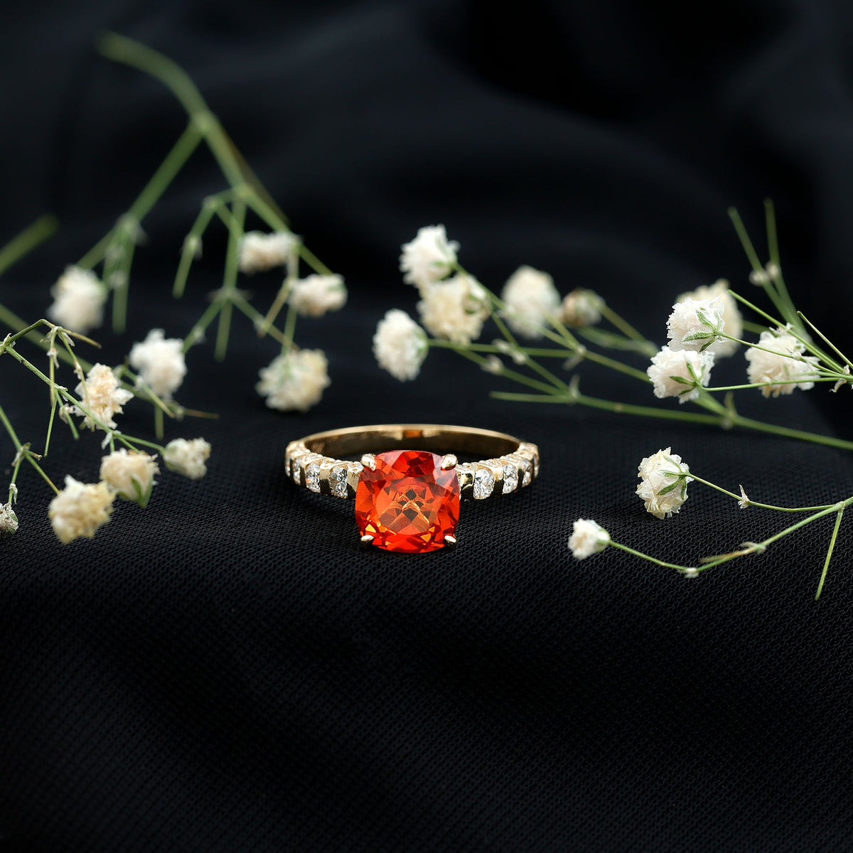 2.75 Carat Lab Grown Orange Sapphire Cushion Cut Engagement Ring with Diamond