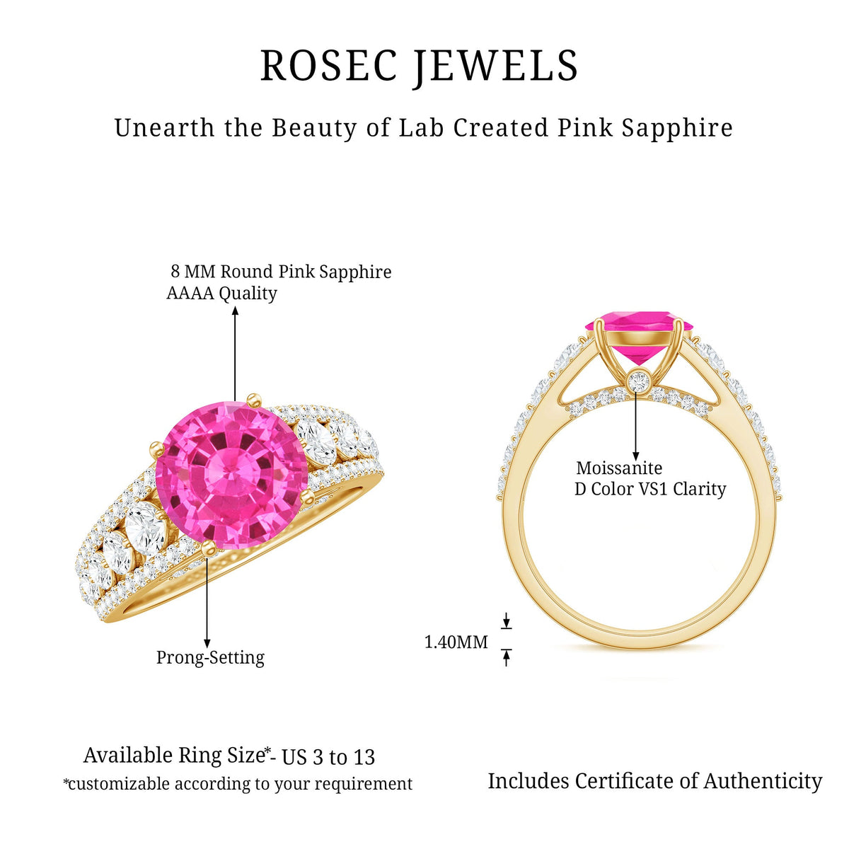 Created Pink Sapphire Engagement Ring with Moissanite Side Stones