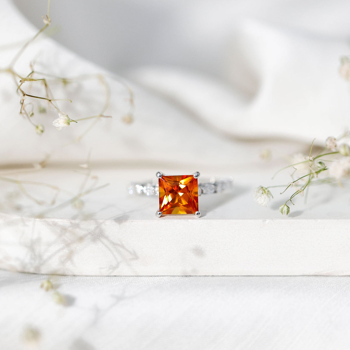 2.75 Carat Lab Grown Orange Sapphire Princess Cut Engagement Ring with Side Stones