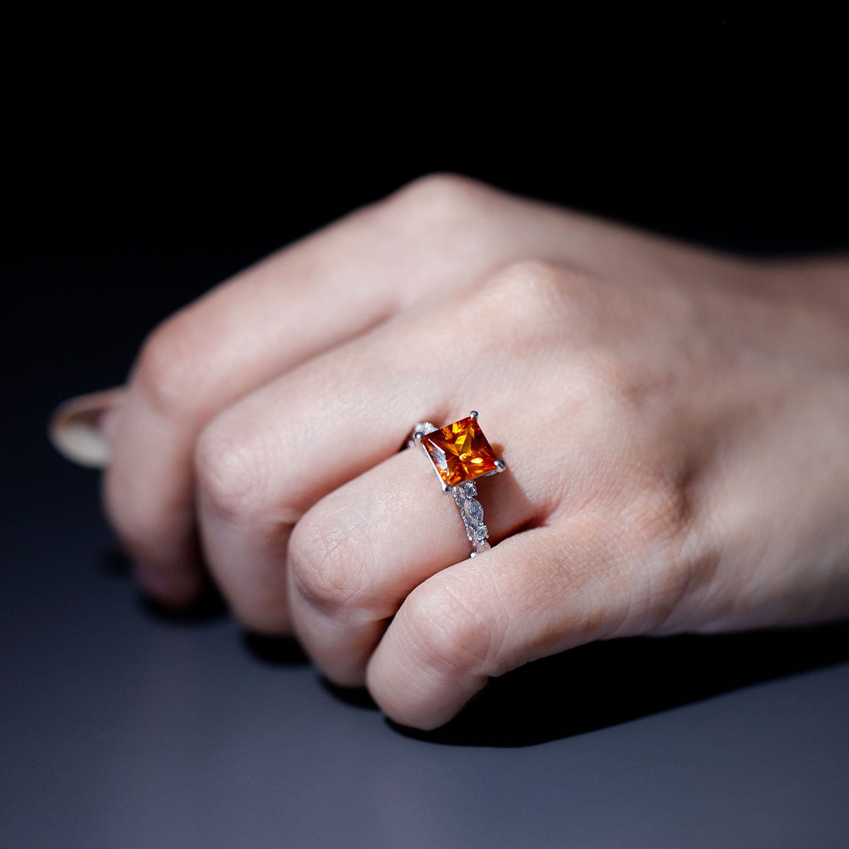 2.75 Carat Lab Grown Orange Sapphire Princess Cut Engagement Ring with Side Stones