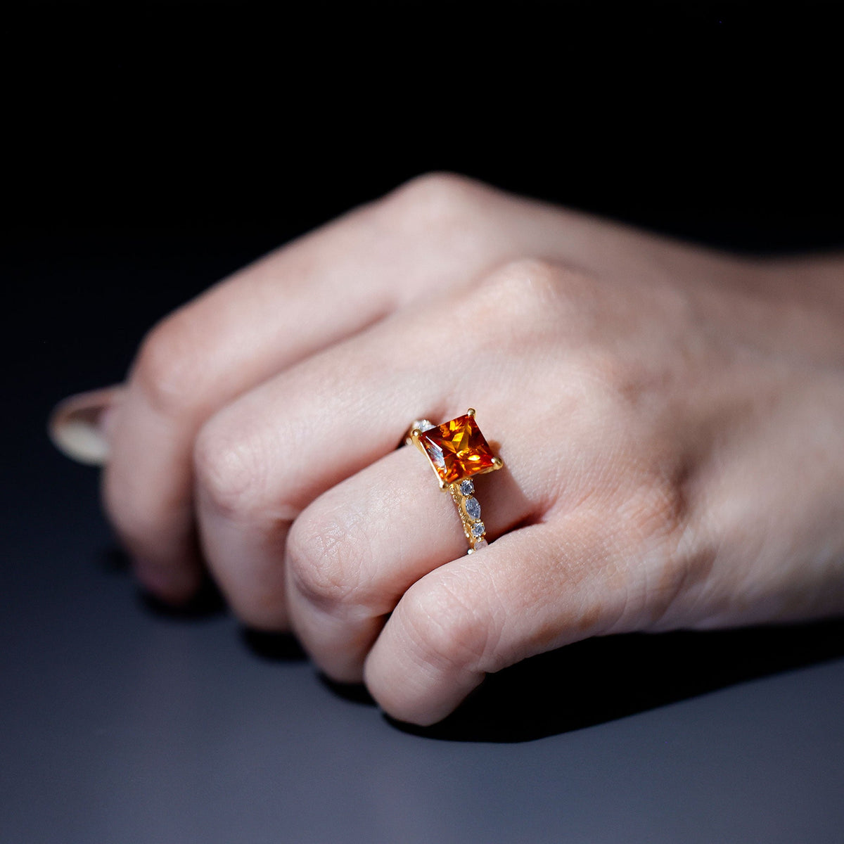2.75 Carat Lab Grown Orange Sapphire Princess Cut Engagement Ring with Side Stones