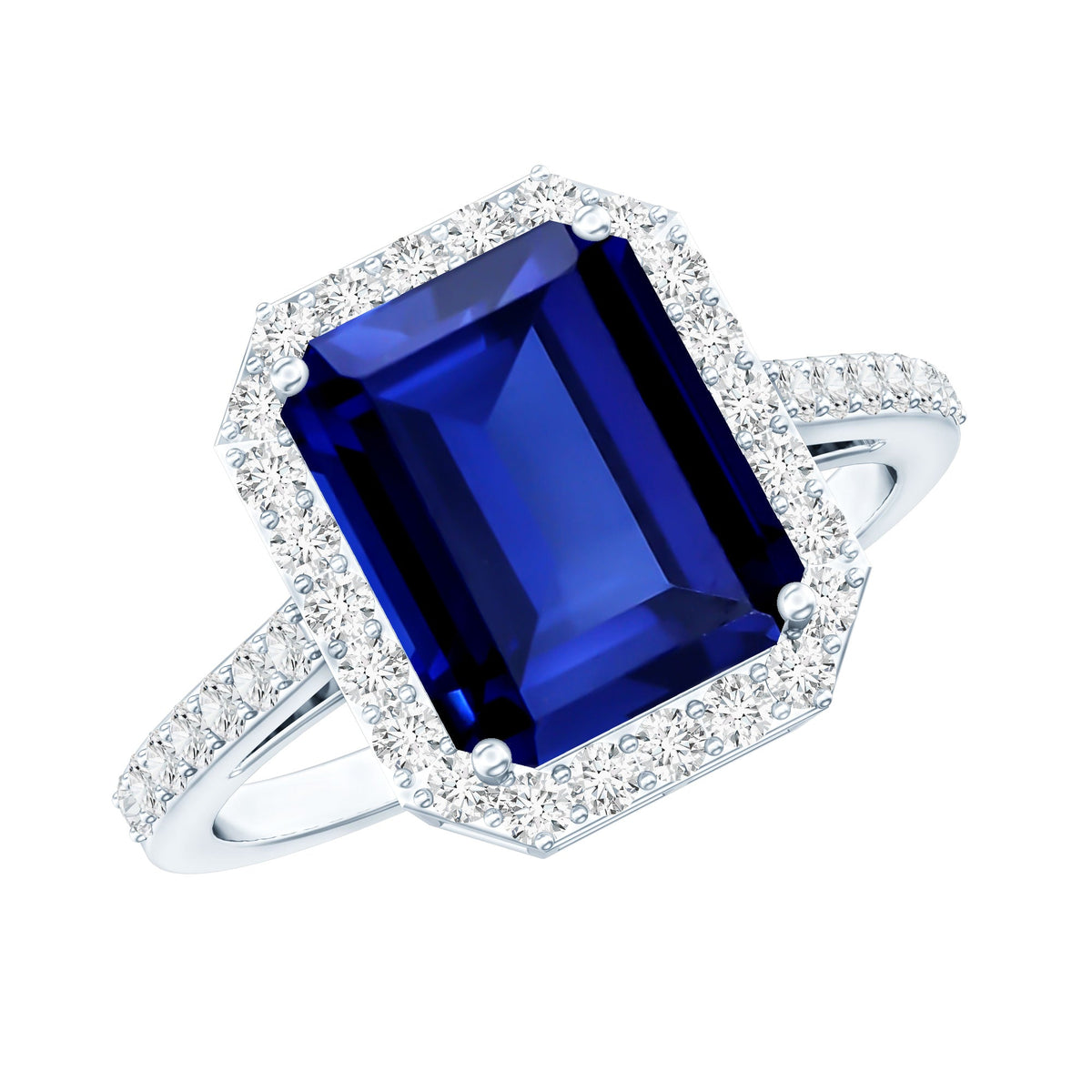 Certified 2.75 Carat Lab Grown Blue Sapphire Emerald Cut Engagement Ring with Diamond Halo