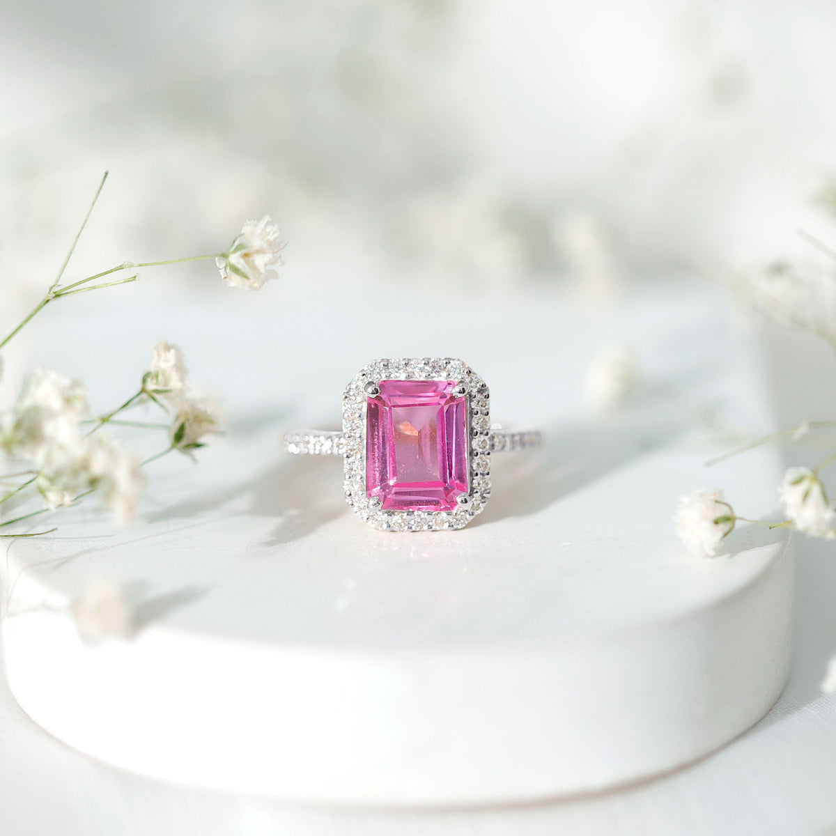 2.75 Carat Lab Grown Pink Sapphire Emerald Cut Engagement Ring with Diamond