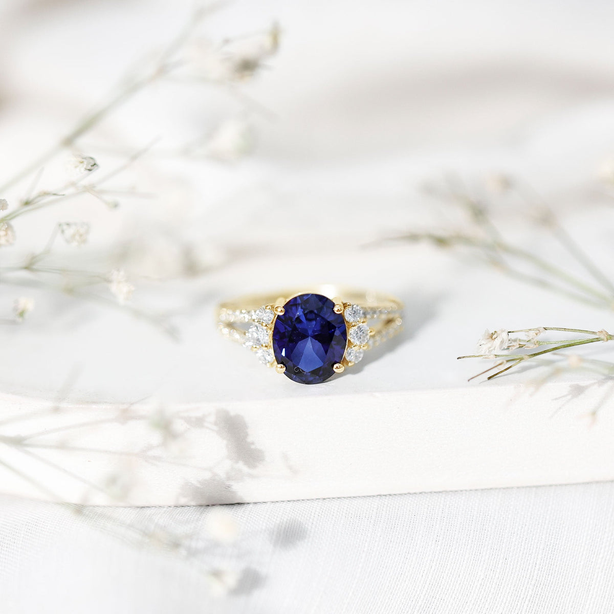 Certified 4 Carat Lab Grown Blue Sapphire Oval Engagement Ring with Diamond Split Shank