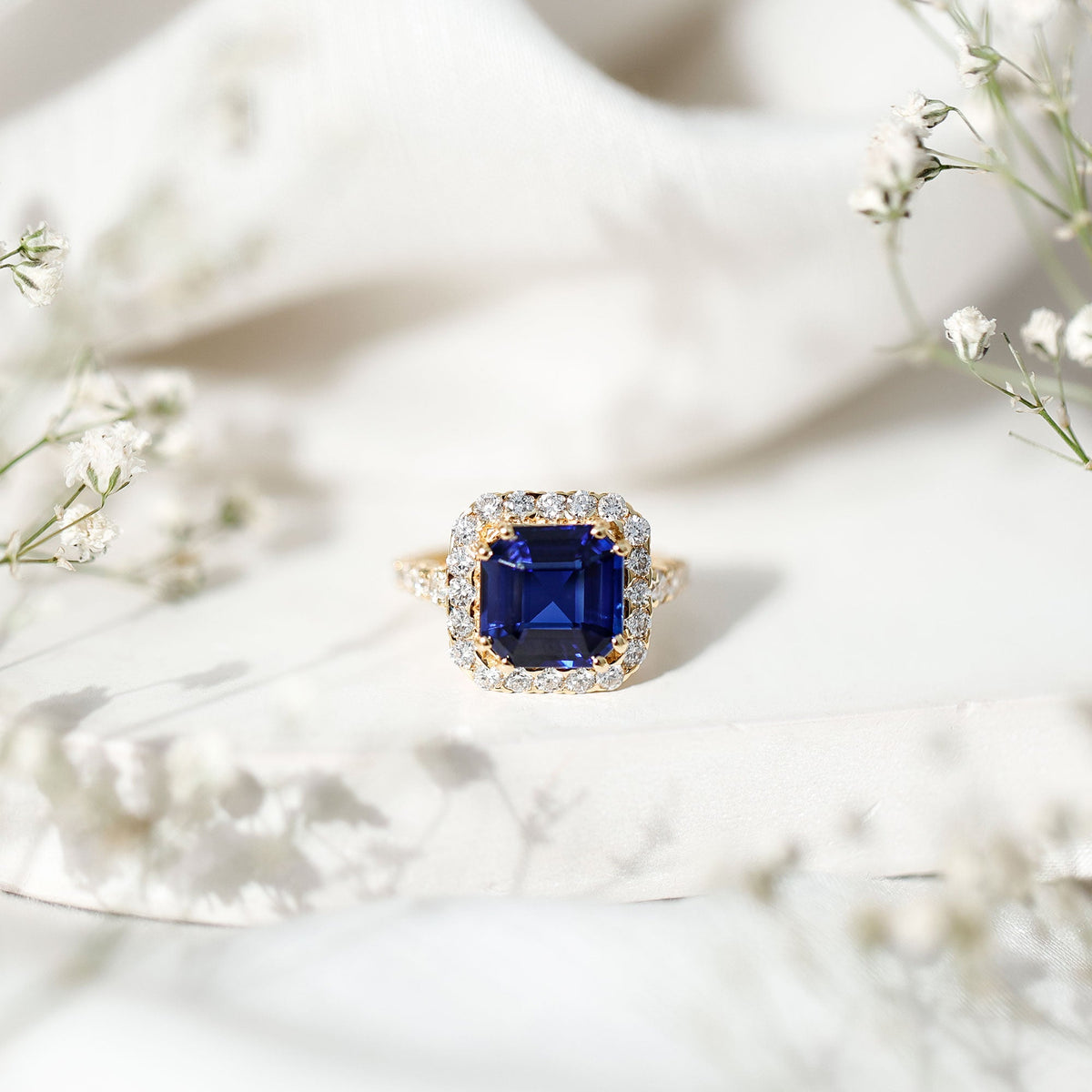 Certified 6.75 Carat Asscher Cut Lab Grown Blue Sapphire Engagement Ring with Diamond Halo