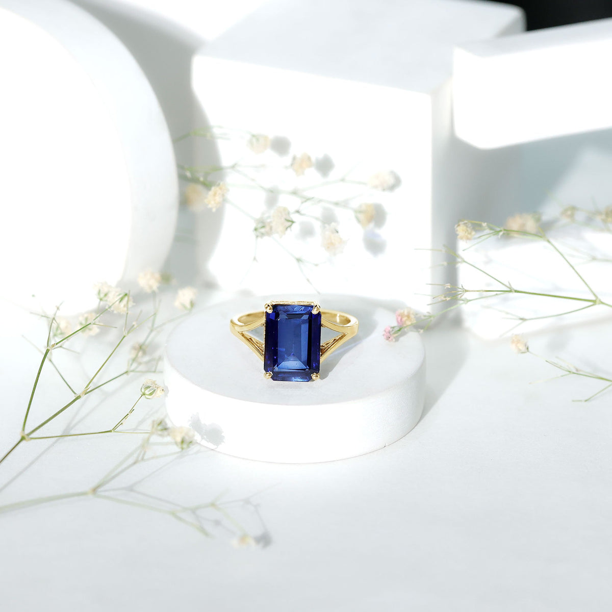 9 Carat Lab Grown Blue Sapphire Emerald Cut Engagement Ring