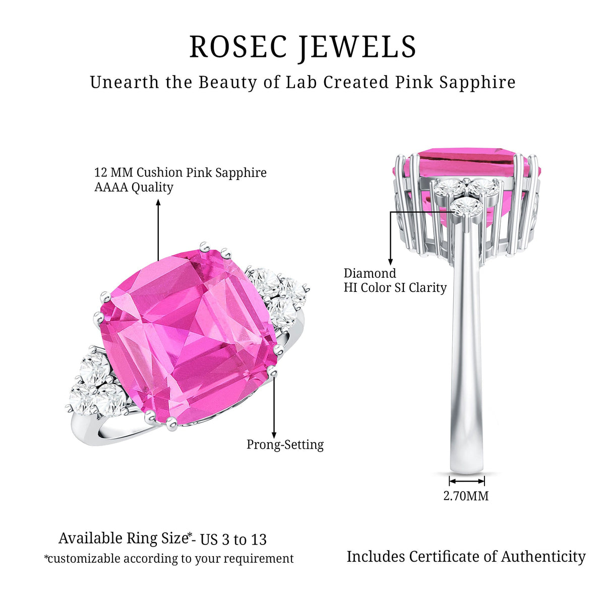 Lab Grown Pink Sapphire Solitaire Engagement Ring with Diamond Trio