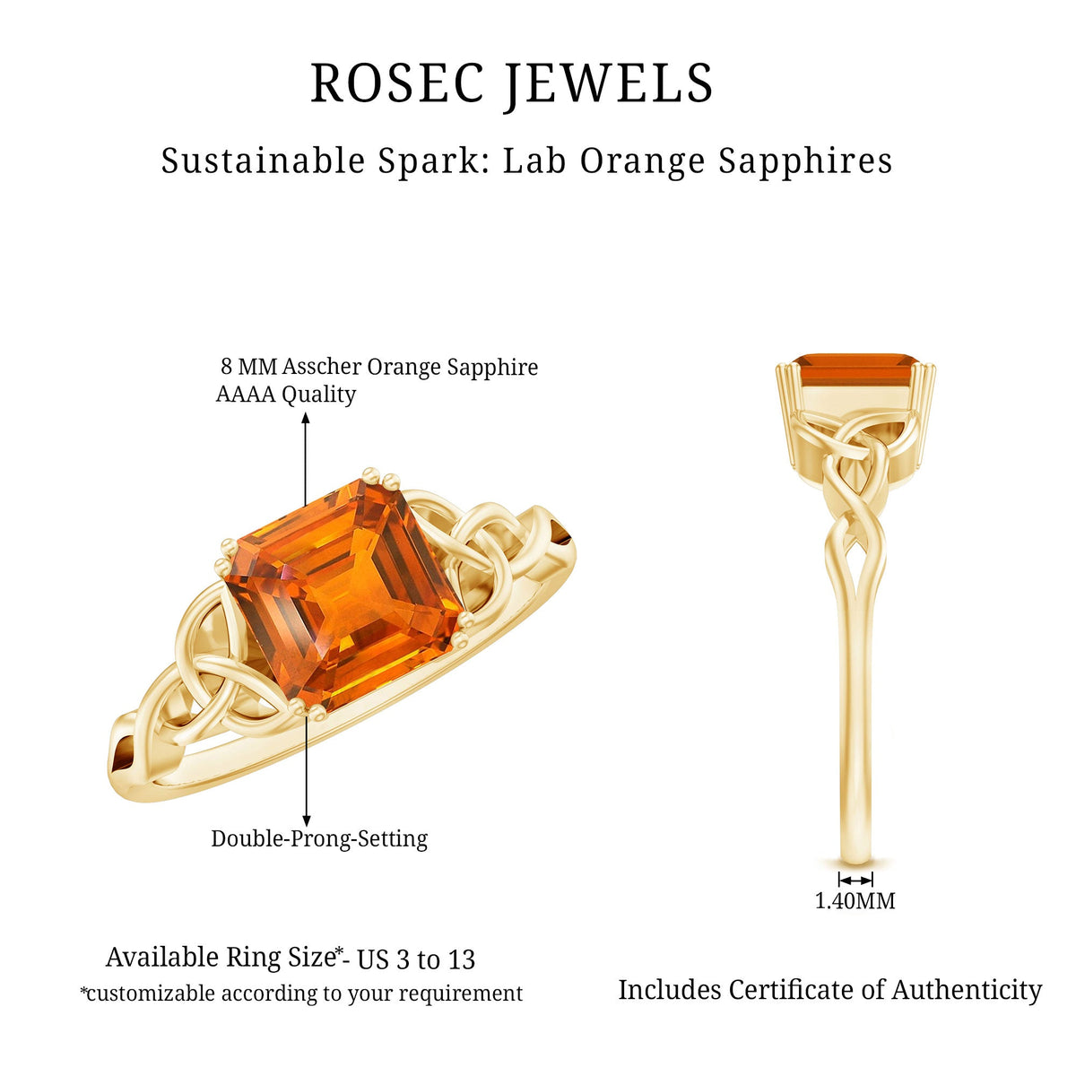 4.8 Carat Asscher Cut Lab Grown Orange Sapphire Engagement Ring with Celtic Knot