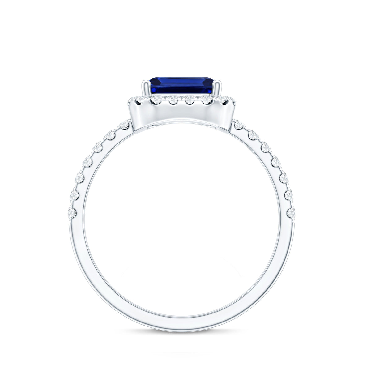 Certified 2.75 Carat Emerald Cut Lab Grown Blue Sapphire Engagement Ring with Diamond Halo