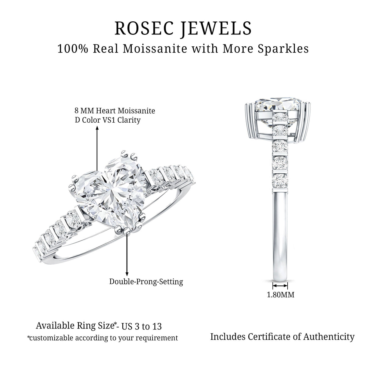 Certified 2 Carat Moissanite Heart Engagement Ring with Side Stones