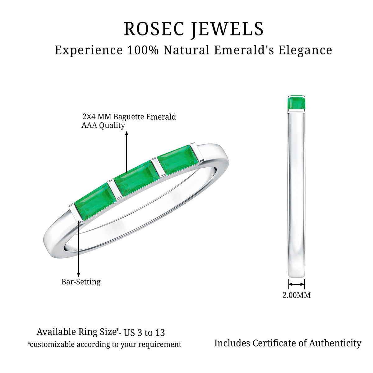 Baguette Cut Real Emerald 3 Stone Ring with Certificate