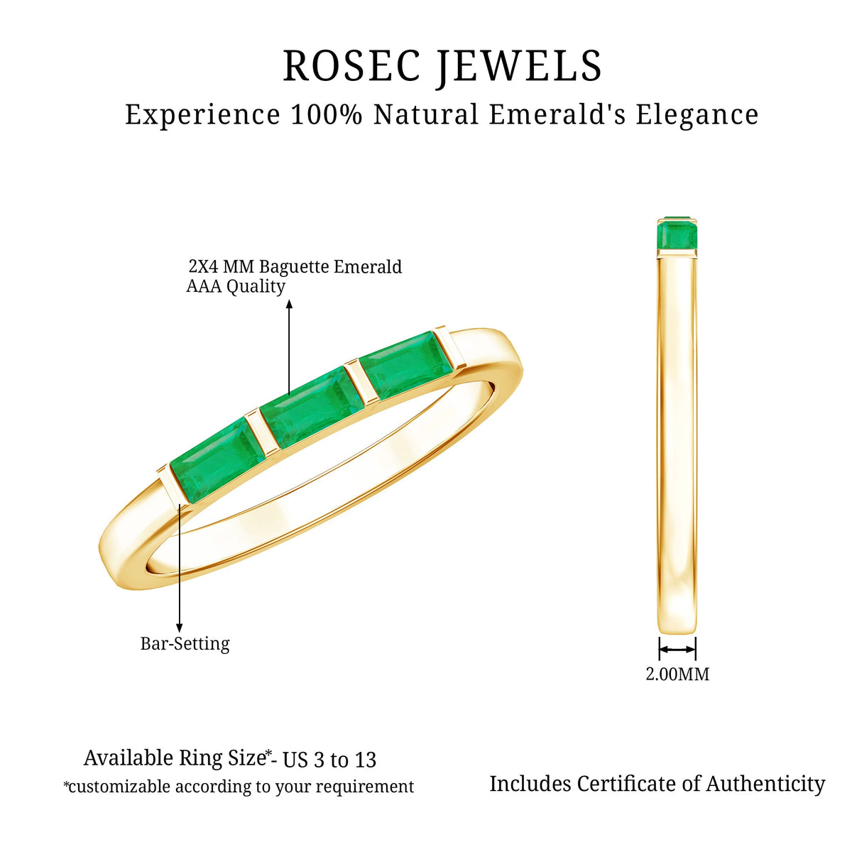 Baguette Cut Real Emerald 3 Stone Ring with Certificate