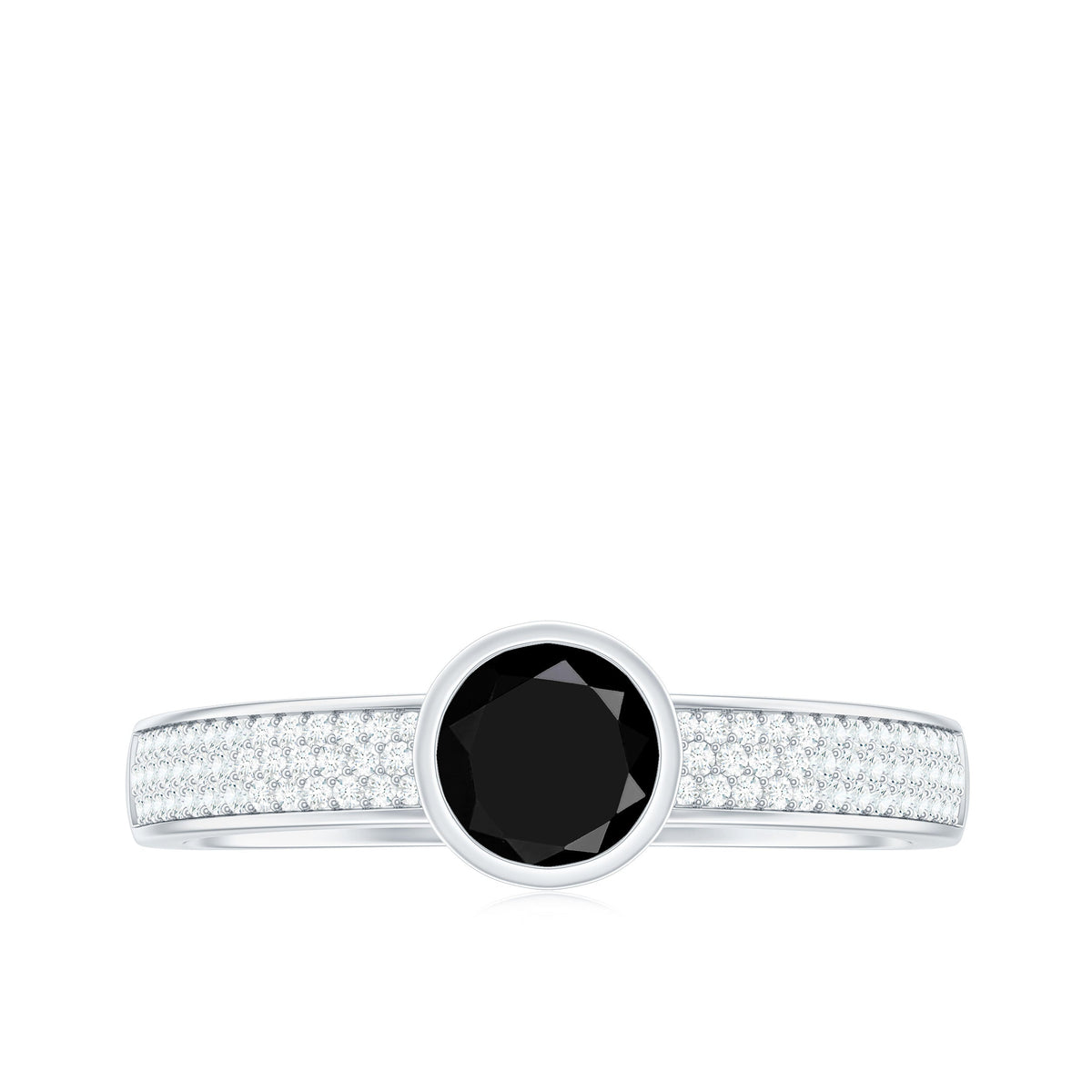 Natural Black Spinel Bezel Set Engagement Ring with Diamond Side Stones