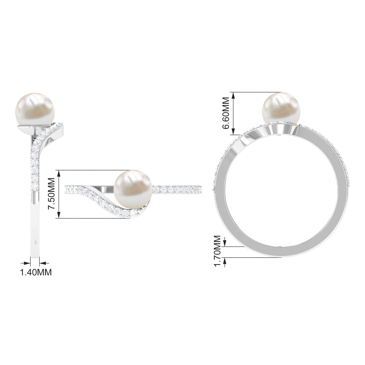 Cultured 2.2 Carat White Pearl Engagement Ring with Diamond Bypass Shank